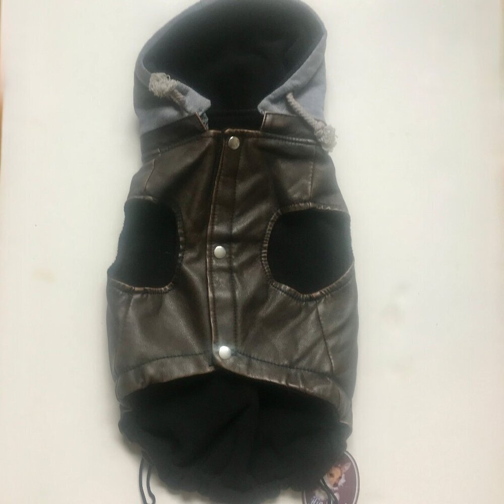 Hip Doggie Vintage Style Faux Leather Bomber Jacket w Hoodie, Large (sm breed)